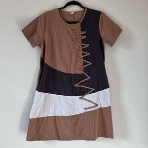 X. W. Y Women Shirt Dress Large Beige Gray White Pockets Boho Art To Wear